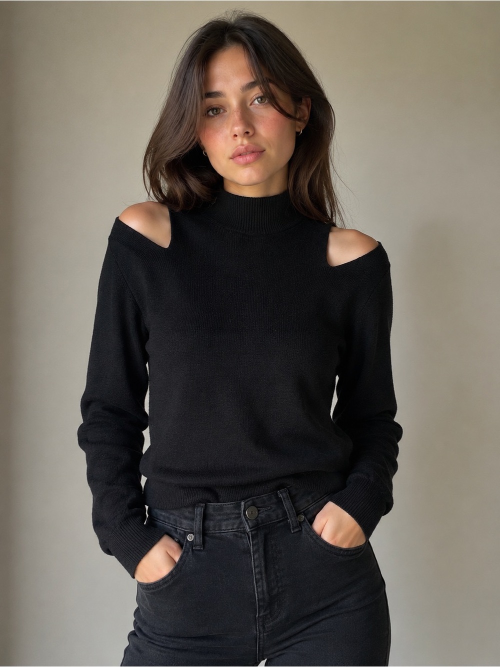 Express Black Cold-Shoulder Mock Neck Sweater - Small